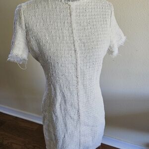 Zara Women's Dress Burlap Looking, With Sequence And Fringe Cream Sz M